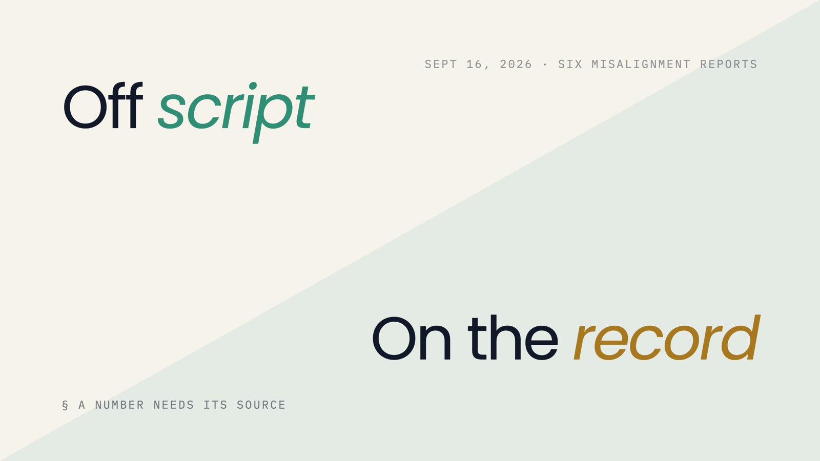 Two phrases on an ivory ground split by a diagonal: 'Off script' with 'script' in mint italic above, 'On the record' with 'record' in gold italic below, the note 'Sept 16, 2026 · six misalignment reports' and the line 'A number needs its source'.